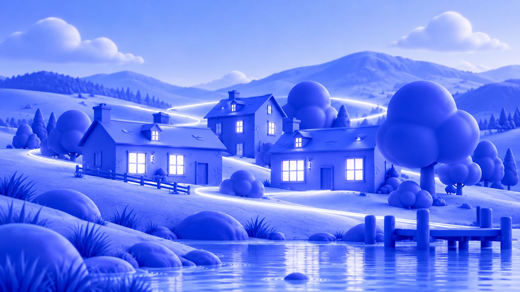 Illustrated blue village connected with fibre