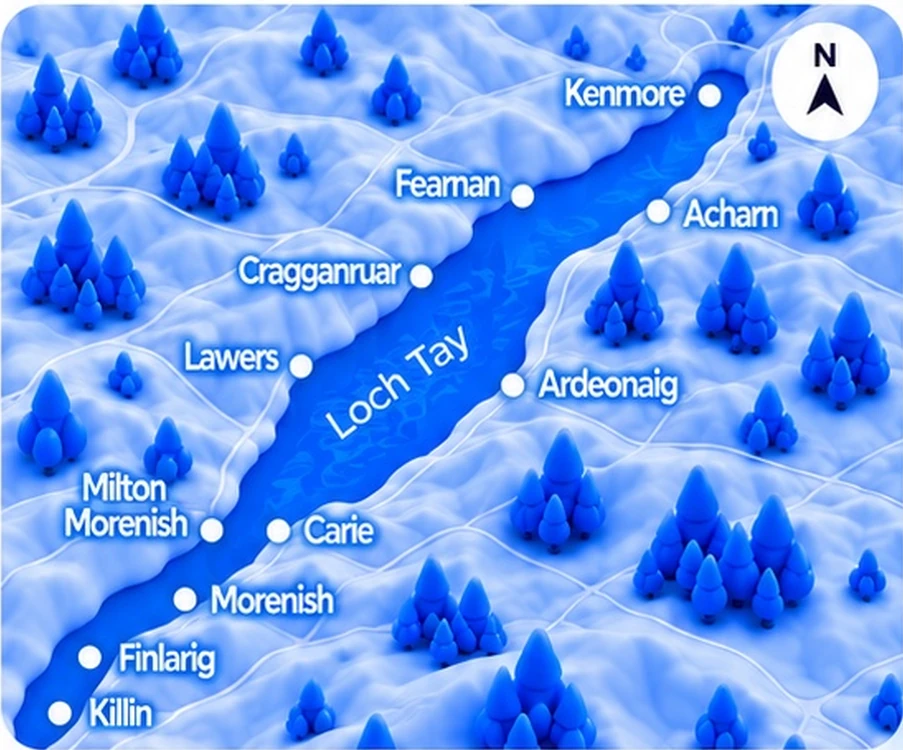 Illustrated map of Loch Tay with local communities labelled